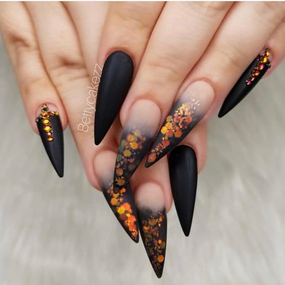 Black & Orange Stiletto Nails