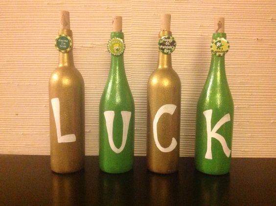 LUCK painted wine bottles