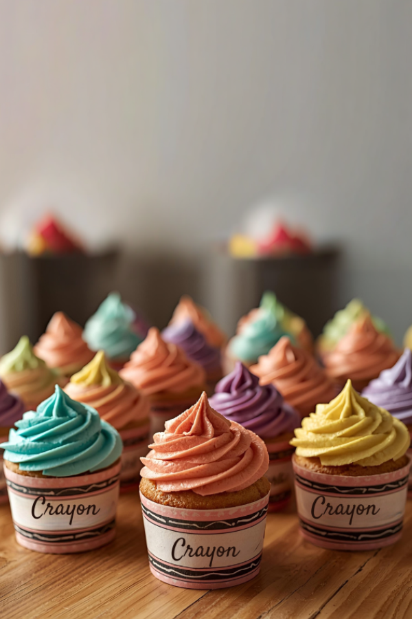 Colorful cupcakes decorated with swirled frosting in bright crayon-inspired shades, each wrapped in a handmade ‘Crayon’ label.
