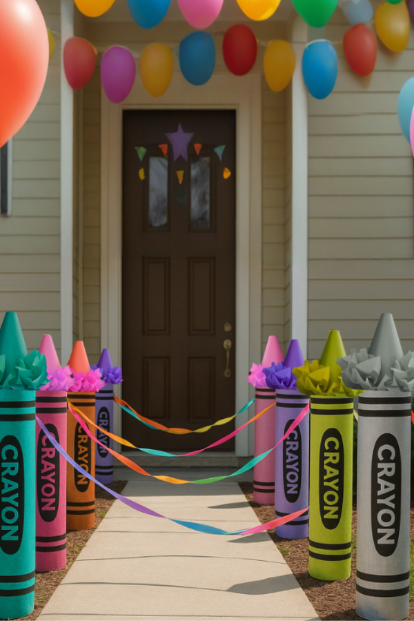Handmade oversized crayon sculptures in bright modern colors lining an outdoor walkway, connected with ribbons, leading to a front door of a suburban house in daytime.