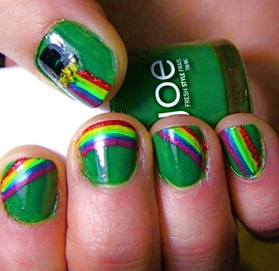 Nail painted with a rainbow chevron design
