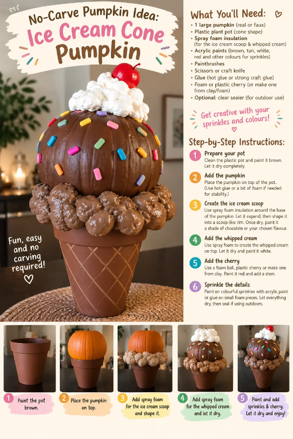 No-carve ice cream cone pumpkin decorated with whipped cream, a cherry and colorful sprinkles, with step-by-step instructions for making it using spray foam and a painted plastic pot.