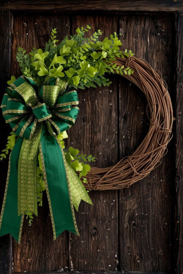 St. Patrick’s Day wreath made on a rustic grapevine base, decorated with layered green shamrocks 