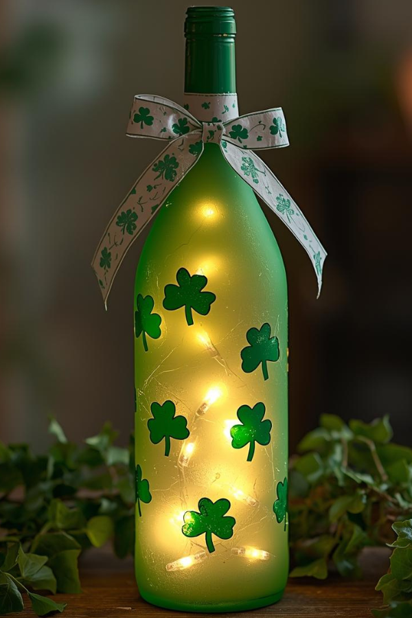 Green frosted glass bottle light with glowing fairy lights and shamrock decorations, styled with ivy leaves for St. Patrick’s Day home décor on a wooden surface.