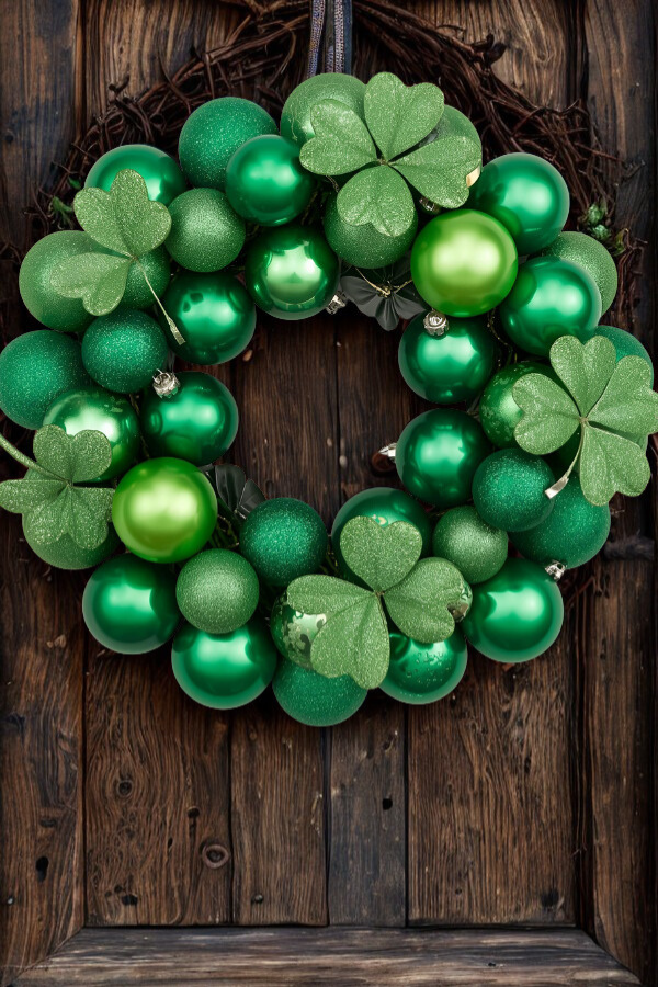 St. Patrick’s Day wreath made with green baubles and samrock embellishments
