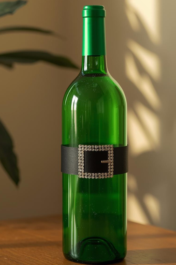 Green hand-painted glass bottle with black band and silver rhinestones displayed on a wooden table.