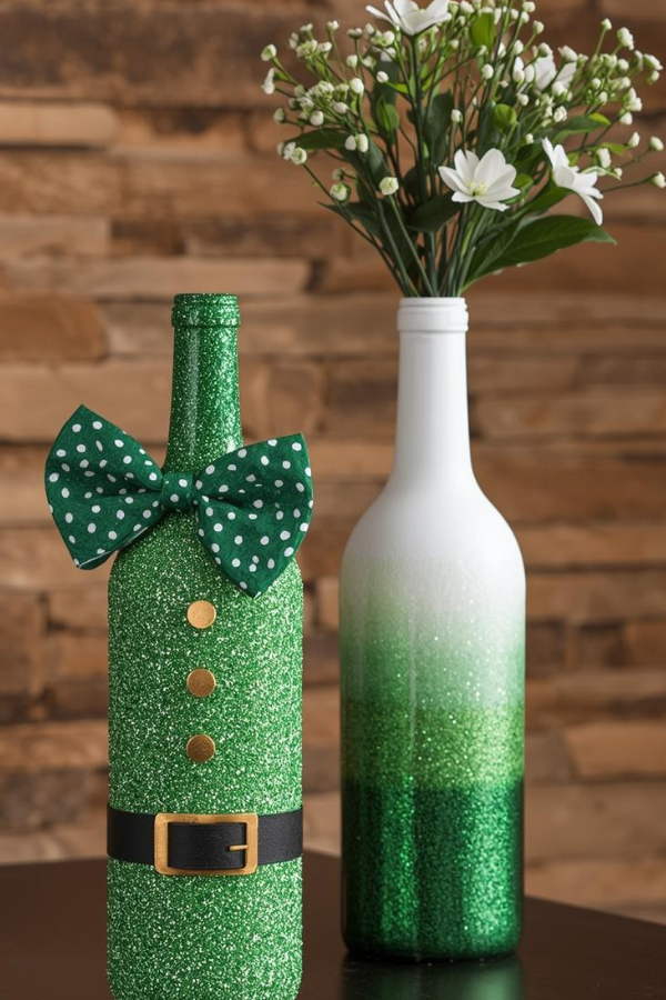 St. Patrick’s Day DIY wine bottle decor featuring green leprechaun-themed bottles with bow tie, gold details, and green and white artificial flowers against a rustic stone wall.