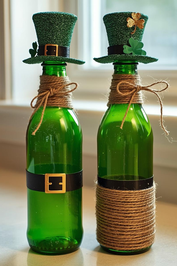 Two green leprechaun-themed glass bottles with glitter top hats, shamrock decorations, twine accents, and gold belt buckles displayed on a countertop for St. Patrick’s Day décor.