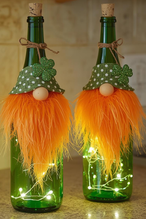Two St. Patrick’s Day wine bottle gnomes with glowing fairy lights, orange beards, green polka-dot accents, and shamrock decorations displayed on a kitchen countertop.