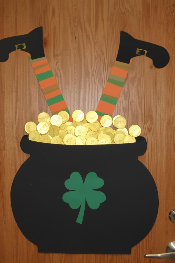 St. Patrick’s Day classroom door decorated with leprechaun legs sticking out of a paper pot of gold with gold coins and shamrock accents