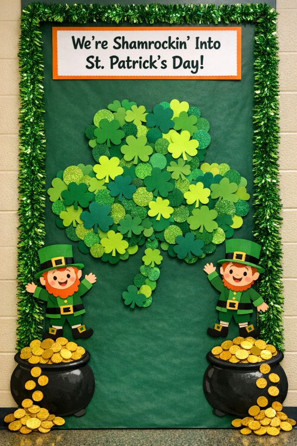 St. Patrick’s Day classroom door decorated with a large paper shamrock, green tinsel border, leprechaun cutouts, and a sign reading “We’re Shamrockin’ Into St. Patrick’s Day!”