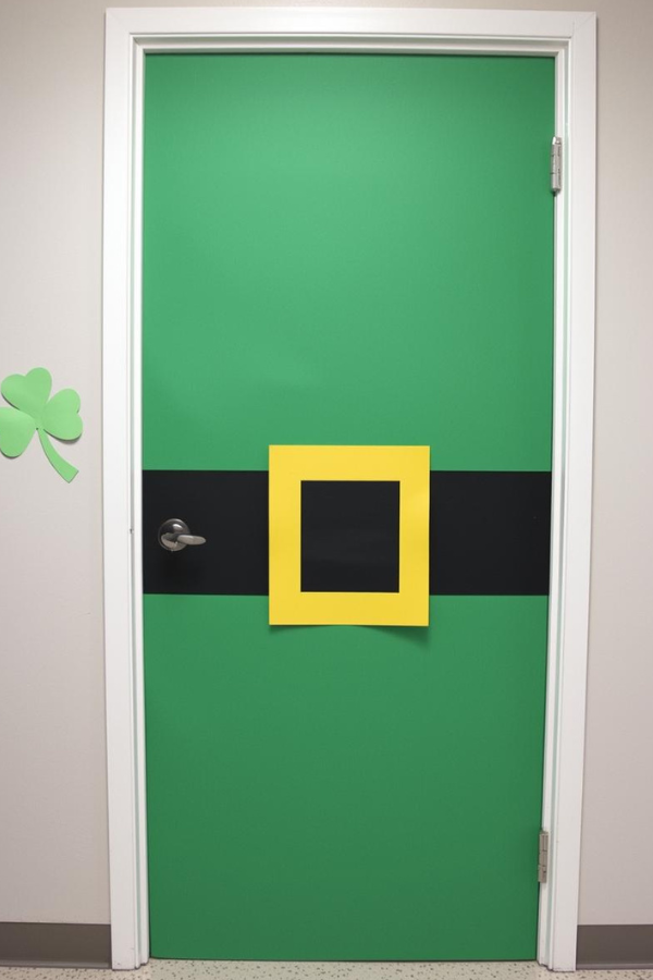 St. Patrick’s Day classroom door decorated like a leprechaun outfit with green paper, black belt, gold buckle, and small shamrock