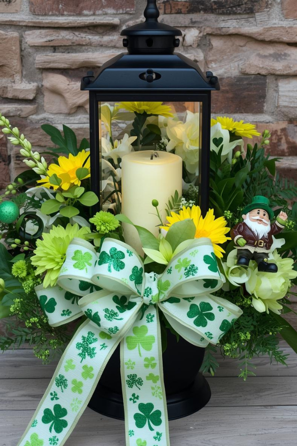 St. Patrick’s Day floral arrangement in black lantern with yellow and white flowers, green shamrocks, leprechaun figurine, and festive shamrock-patterned ribbon against a brick wall.