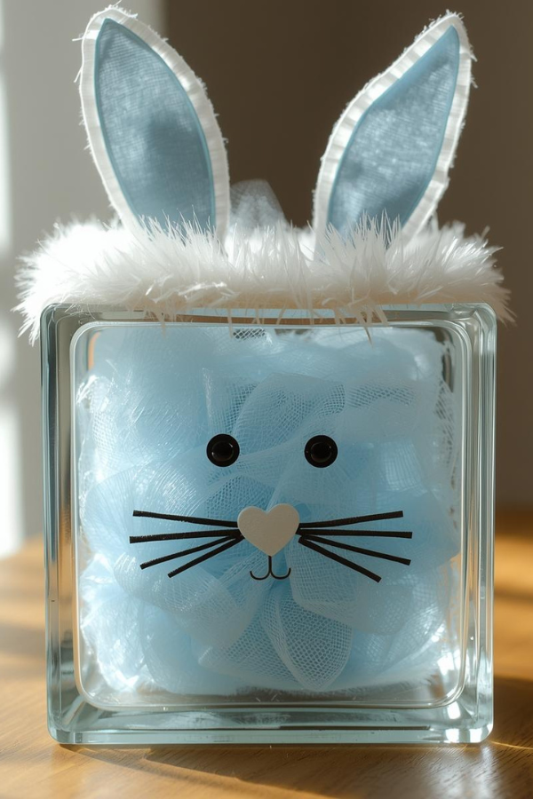 Blue glass block Easter bunny with fabric ears, fluffy white trim, and a simple bunny face, sitting on a wooden surface.