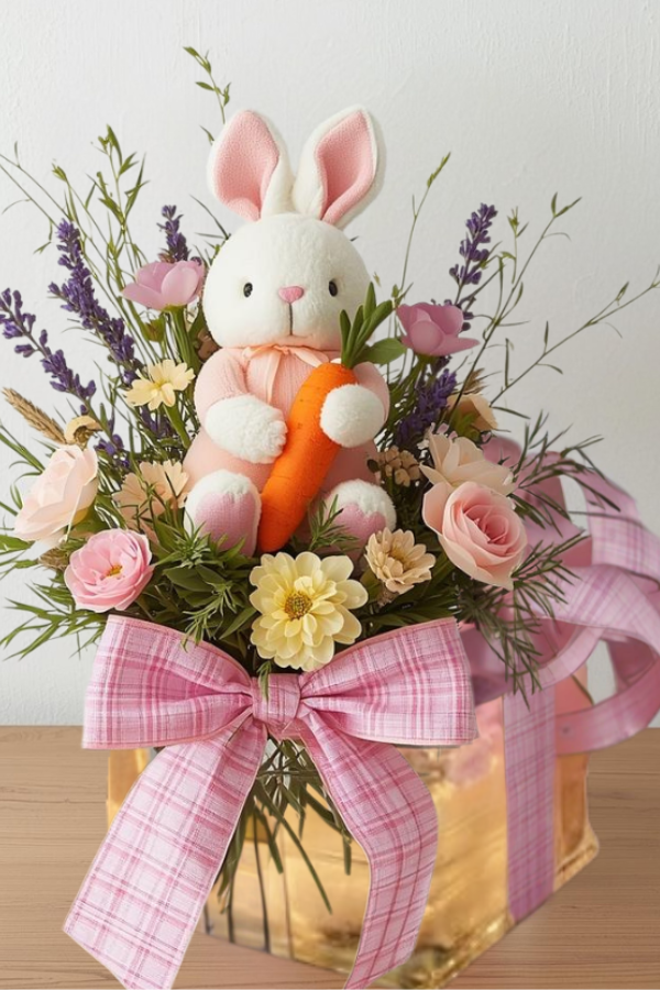 Plush bunny with carrot in purple floral arrangement on glass block.