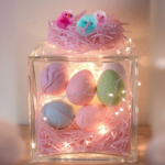 Easter chicks on glass container filled with pastel eggs and lights