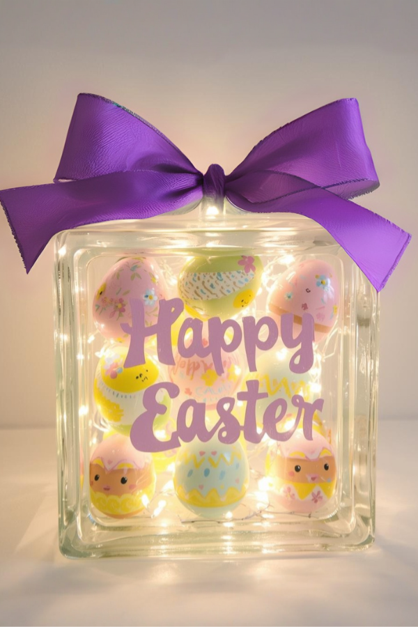Glass block Easter decoration with pastel eggs, fairy lights, and a purple bow.