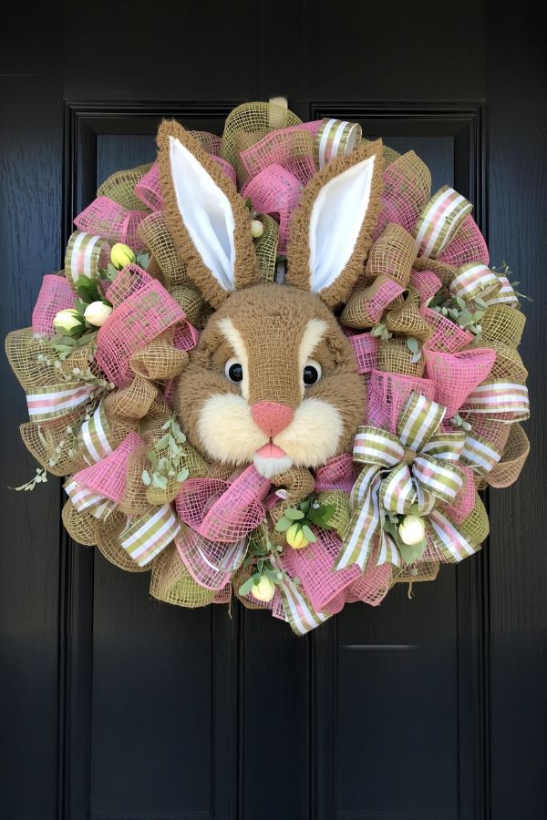 Easter wreath with a bunny face, burlap ears, and pink and green mesh ribbons hanging on a wooden door.