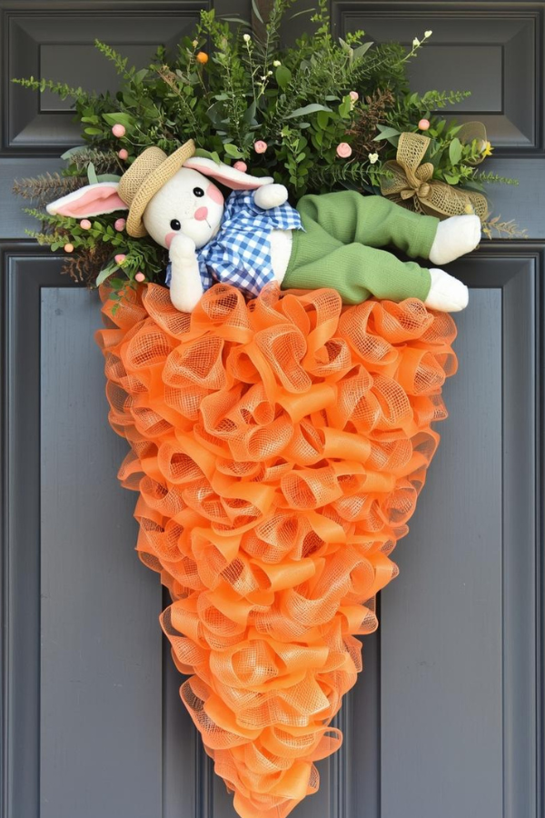 Carrot-shaped Easter wreath with a lounging bunny on a door.