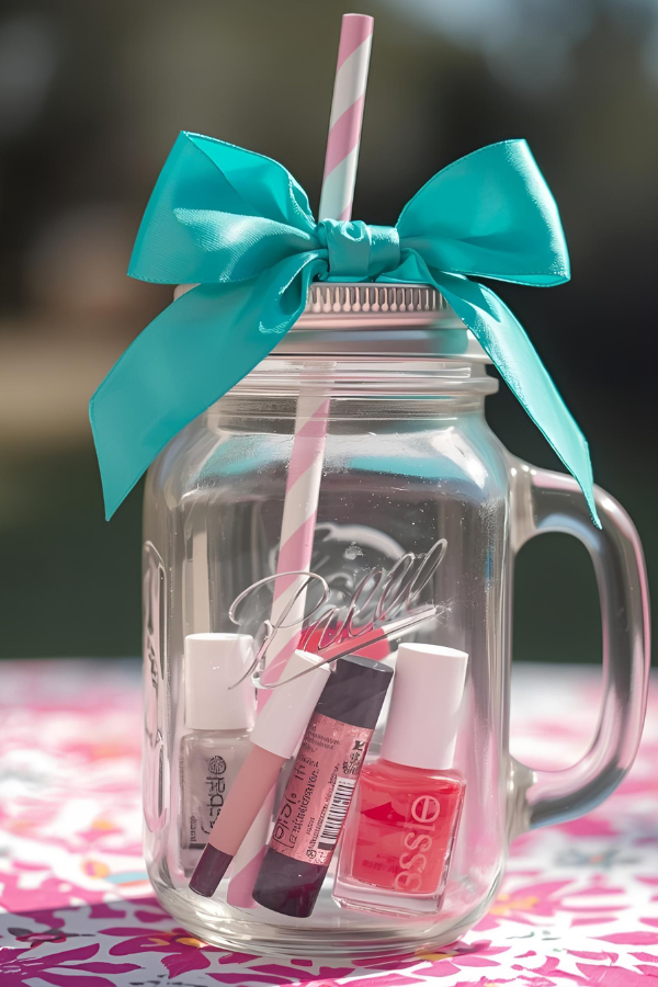 Mason jar tumbler with makeup inside and a teal bow on top.