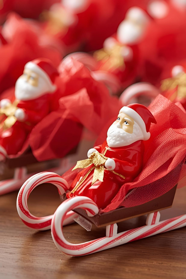 Candy sleighs made from candy canes, chocolate bars, and foil-wrapped Santa chocolates arranged on a wooden surface.