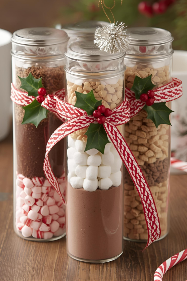 Holiday treat-filled tubes wrapped with striped ribbon and holly decorations.