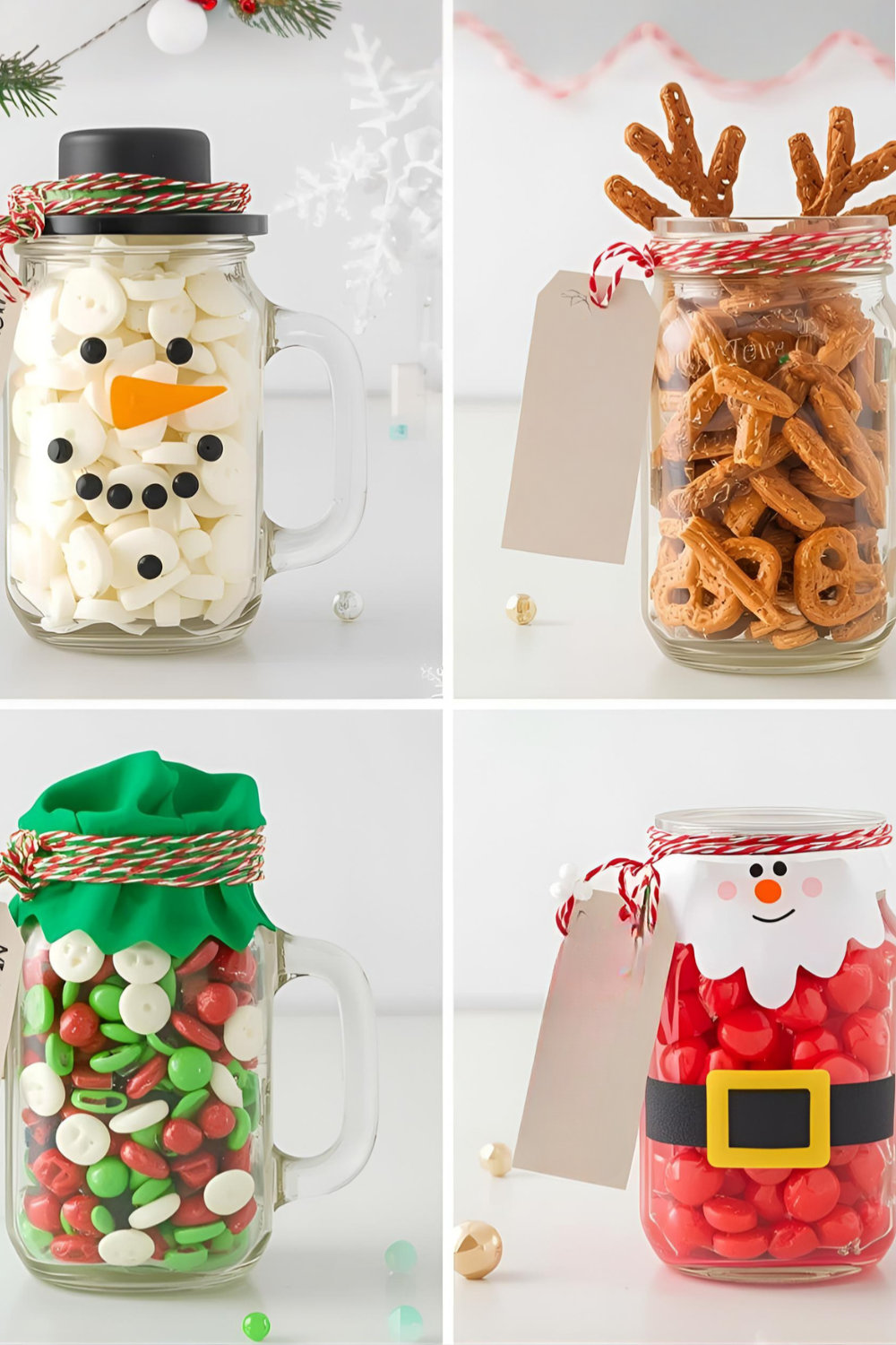 Four Christmas candy jars decorated as a snowman, reindeer, elf, and Santa.