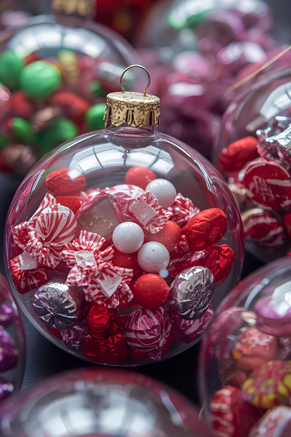 Clear Christmas ornaments filled with assorted colorful candies, including chocolates and mints, arranged together on a dark table.