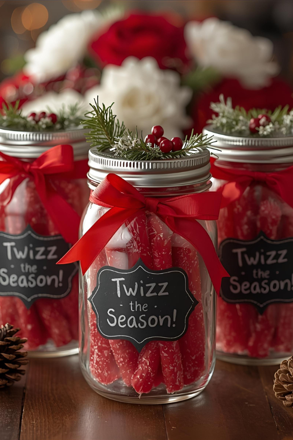 Clear jars filled with red licorice sticks, decorated with holiday greenery and ribbons, each labeled ‘Twizz the Season.