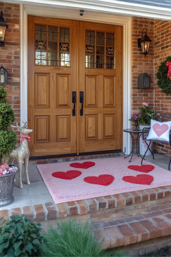 Valentine’s Day front porch decorated with a pink heart rug, silver reindeer statues with pink bows, heart wreath, lanterns, and romantic outdoor decor on a brick home