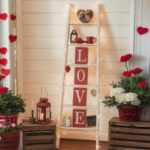 Rustic farmhouse Valentine’s Day ladder decorated with string lights, red LOVE letter blocks, heart accents, lantern, and cozy home décor against a white shiplap wall.