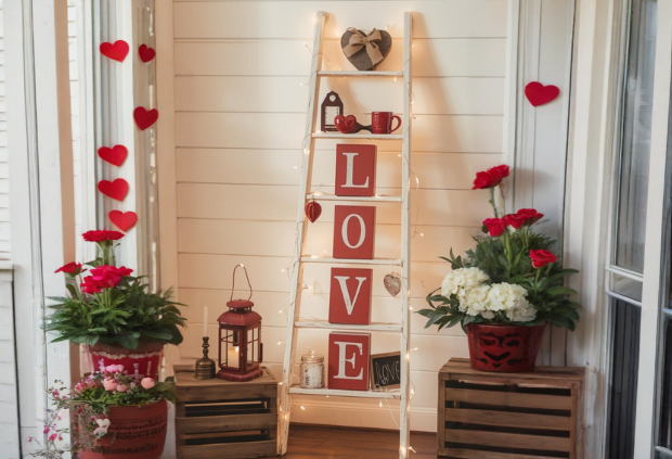Rustic farmhouse Valentine’s Day ladder decorated with string lights, red LOVE letter blocks, heart accents, lantern, and cozy home décor against a white shiplap wall.