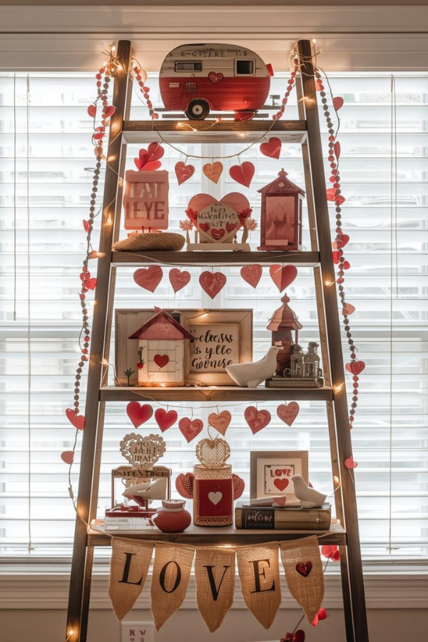 Rustic Valentine’s Day ladder shelf decorated with string lights, red and pink heart décor, burlap LOVE banner, vintage camper ornament, and romantic farmhouse accents indoors.