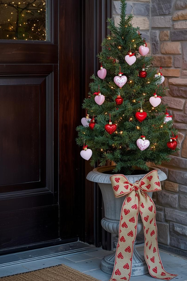 Valentine’s Day porch decor featuring a heart-themed evergreen topiary with red, pink, and white hearts