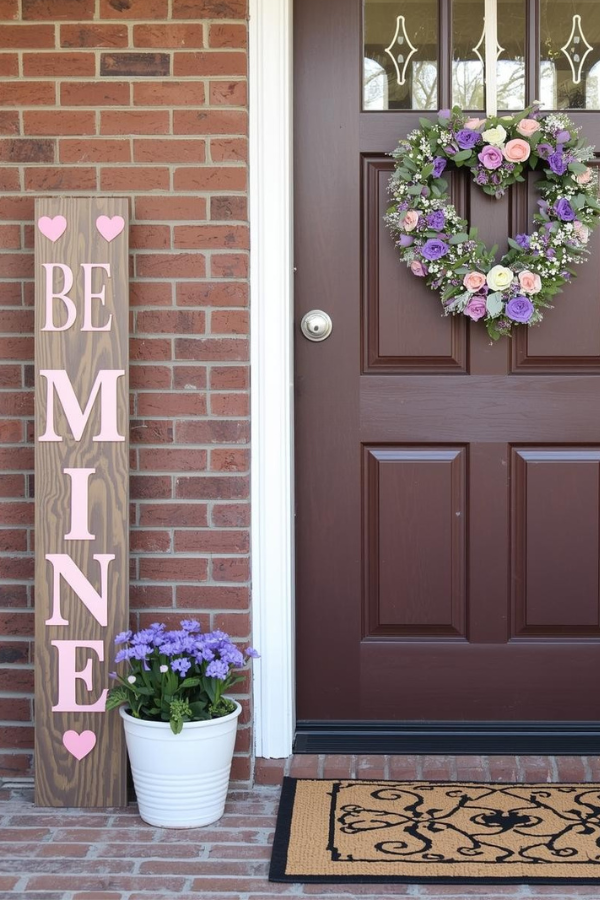 Valentine’s Day front porch with heart wreath and “Be Mine” sign.