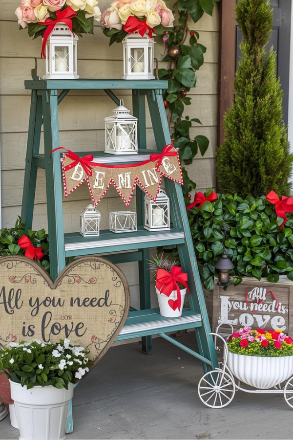 Valentine’s Day front porch decor featuring a vintage green ladder with a “Be Mine” banner, pink roses, red bows, lanterns, and lush greenery in a romantic farmhouse style