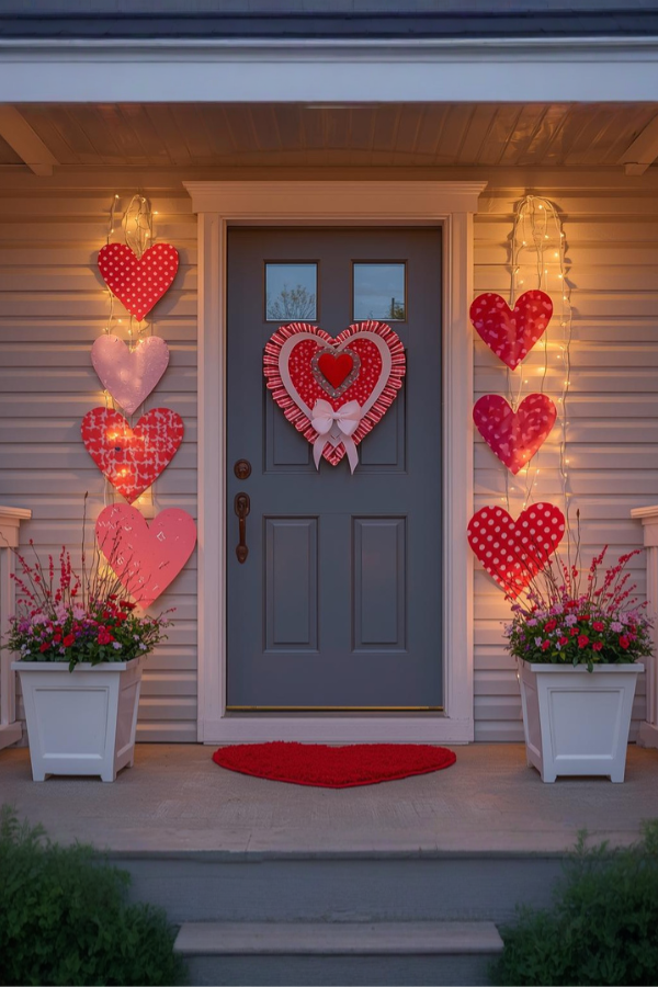 Valentine’s Day front porch with heart decorations, string lights, blue front door, heart planters, and red heart doormat.