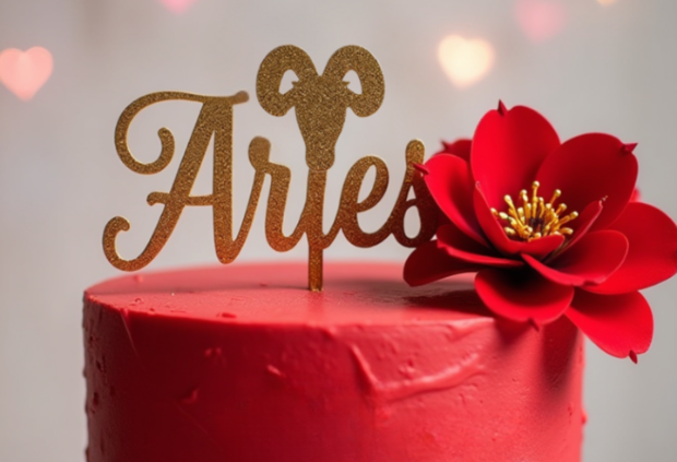 Red Aries birthday cake with gold topper and flower accent