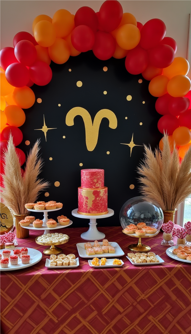Aries zodiac dessert table with red-orange balloons and gold symbol backdrop