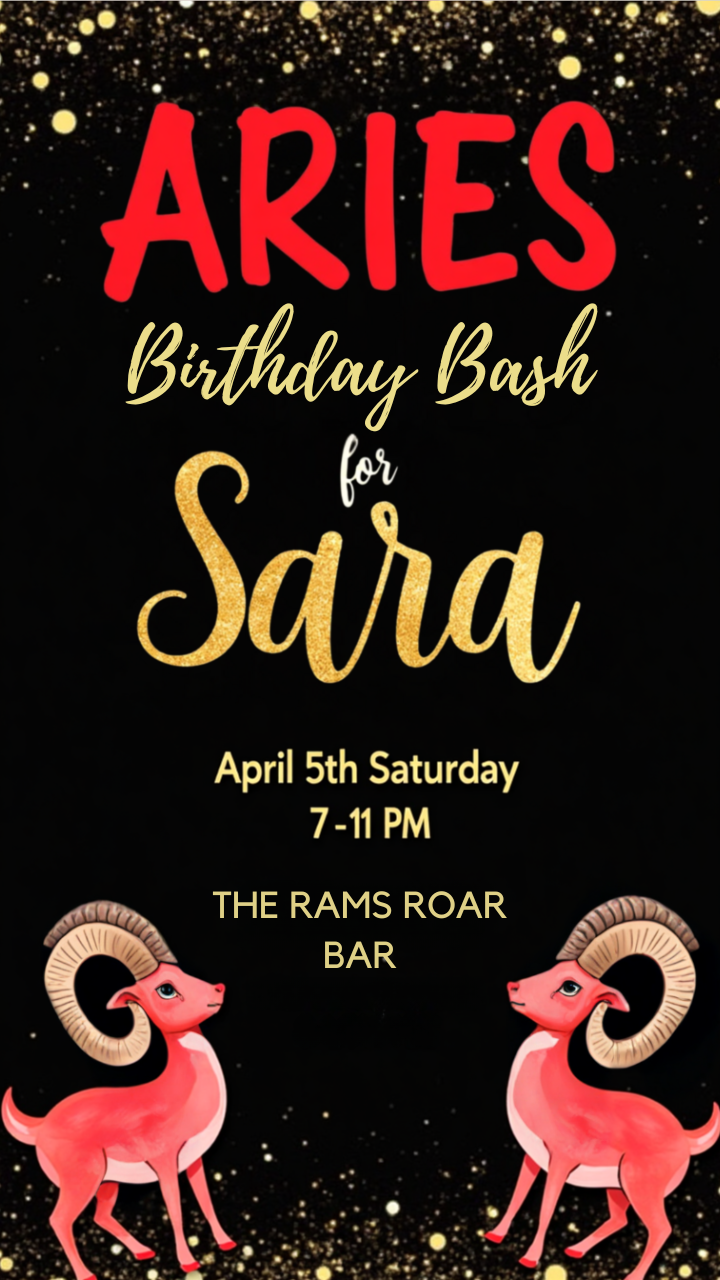 Colorful Aries birthday party invitation for Sara with rams, glitter, and event details in bold gold and red text.