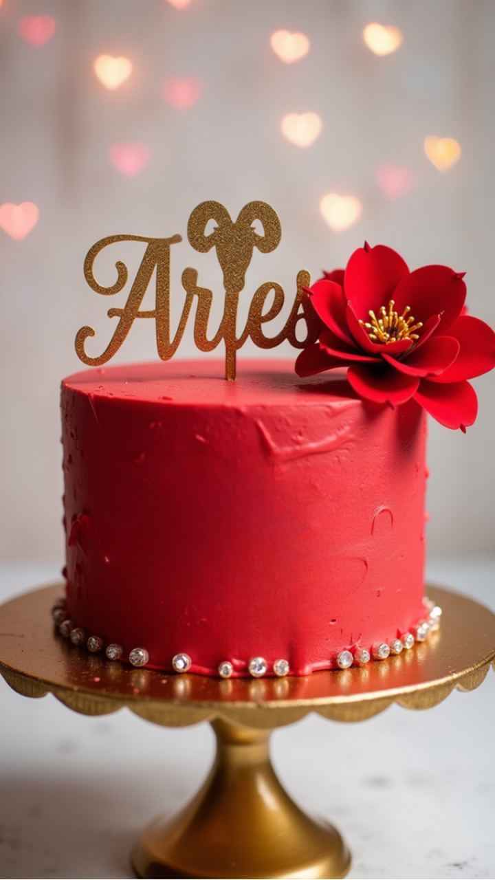 Red Aries birthday cake with gold topper and flower accent
