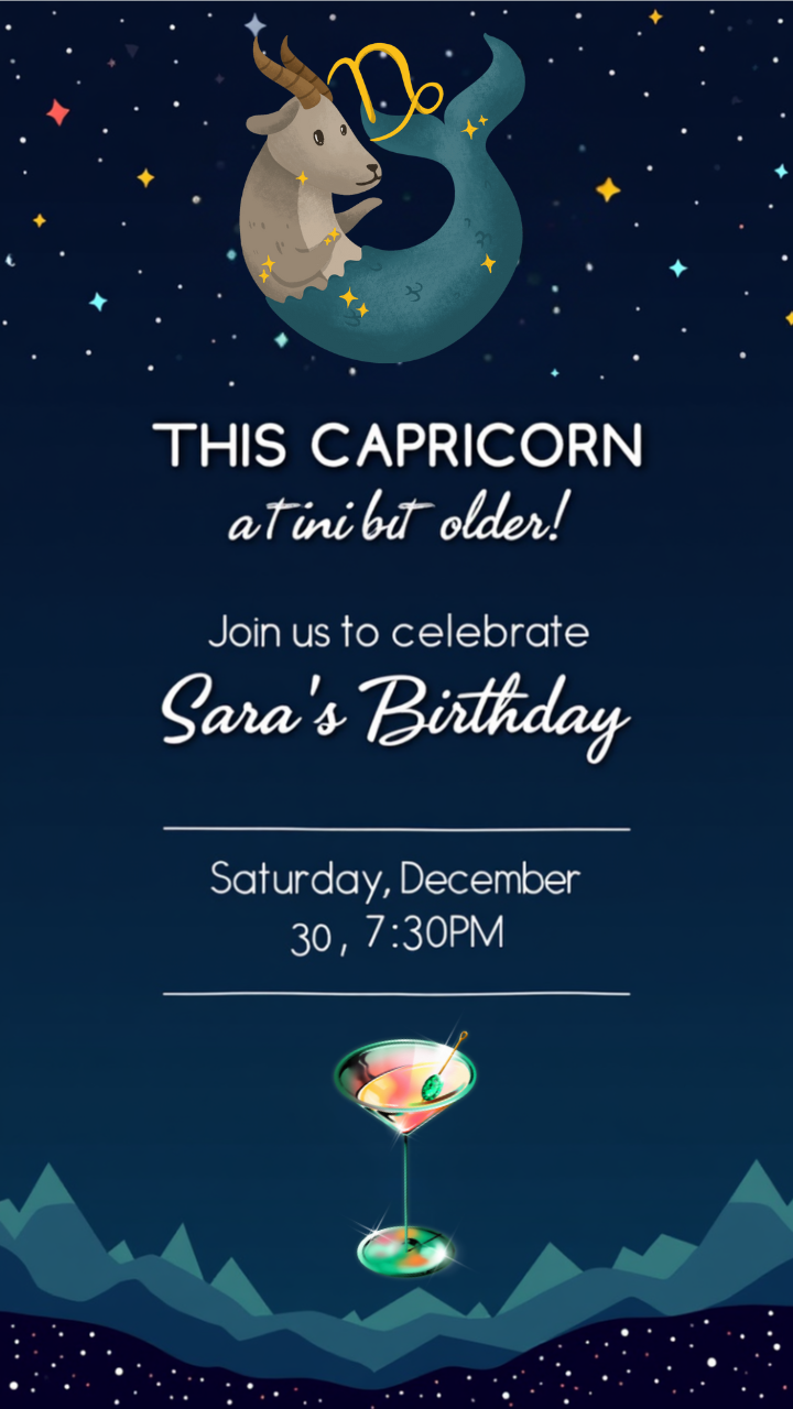 Capricorn invitation featuring sea-goat graphic and starry background