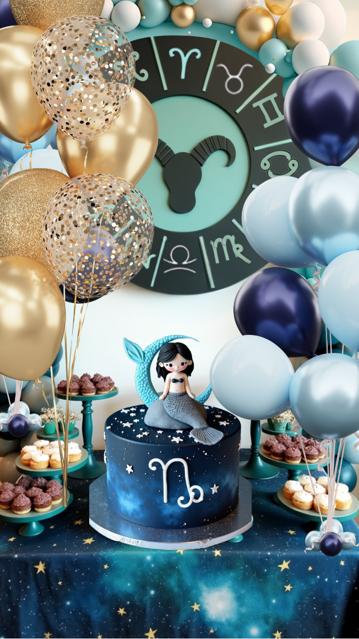 Capricorn-themed party setup with navy, gold, and teal balloons, cupcakes, and starry decor