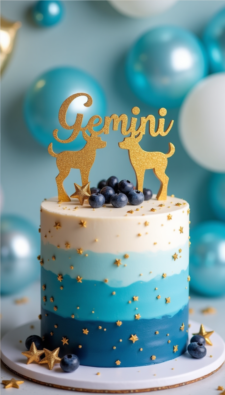 Gemini zodiac birthday cake in blue ombré with blueberries and gold star decorations