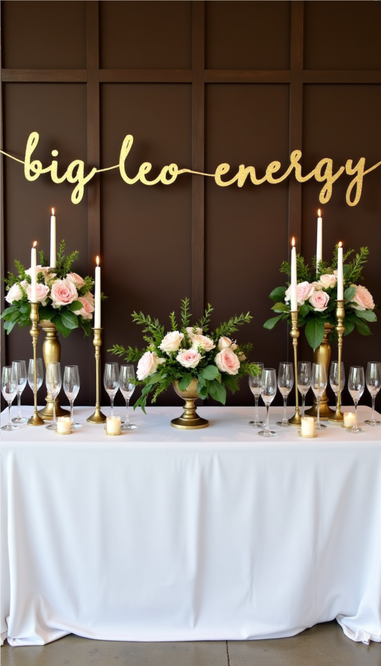 Leo party table with gold decor, candles, and "big leo energy" banner.