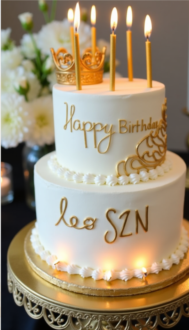Leo birthday cake with gold crowns, candles, and “Leo SZN” lettering.