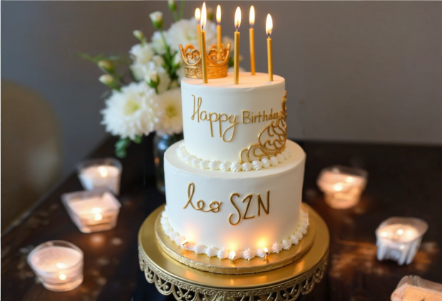 Leo birthday cake with gold crowns, candles, and “Leo SZN” lettering.