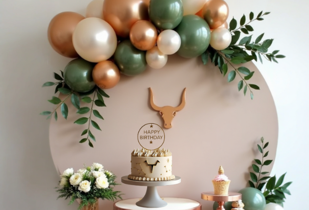 Taurus birthday dessert table with sage green, cream, and rose gold balloon garland, rustic cake, and floral decor