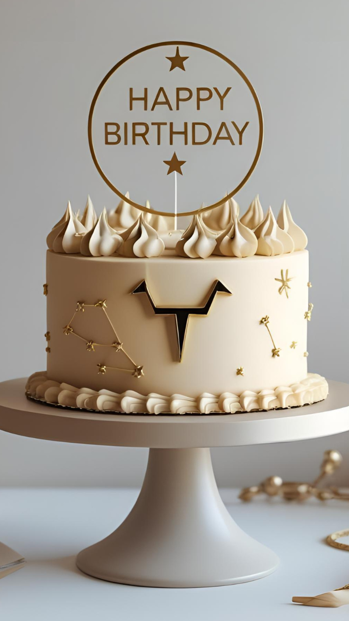 Elegant Taurus birthday cake with gold zodiac constellation, stars, and the Taurus symbol, topped with a “Happy Birthday” sign.