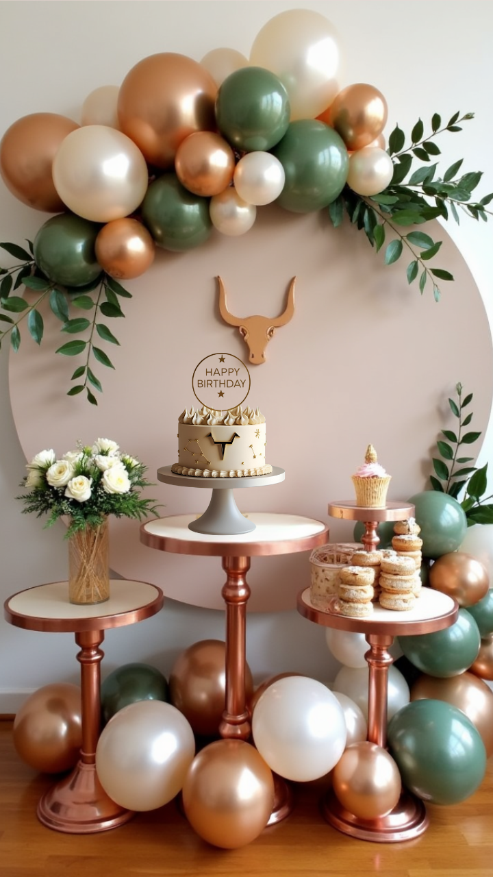 Taurus birthday dessert table with sage green, cream, and rose gold balloon garland, rustic cake, and floral decor